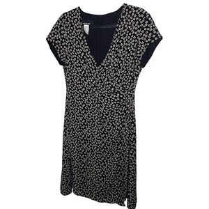 Jones New York Black Floral Silk Dress V Neck Short Sleeve Career